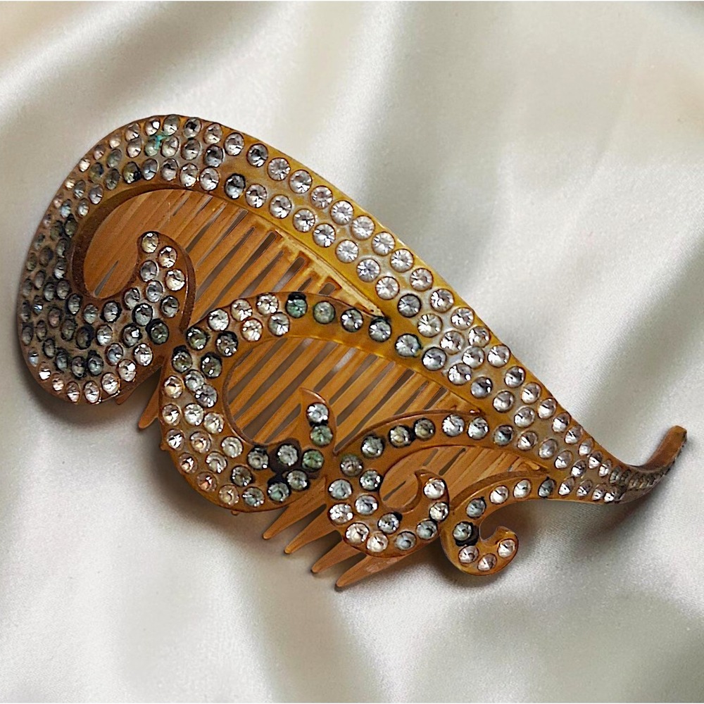 Antique Vintage 1920s Art Deco Amber Hair Comb Flapper Rhinestone Wave Barrette